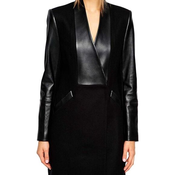 Women's Double Breasted Faux Leather Coat Lapel Jacket - Picture 3 of 6